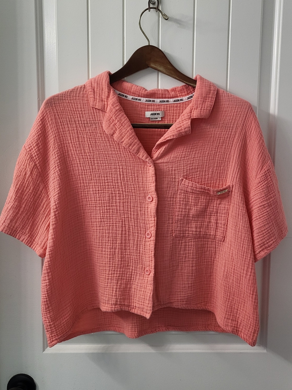 Jason Wu Coral Gauze Button-Front Crop Top